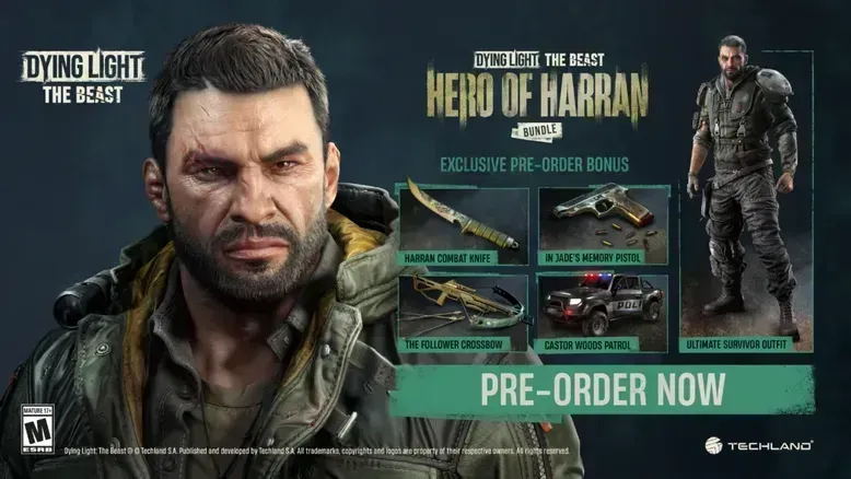 Close-up of protagonist with Hero of Harran Bundle items including combat knife, pistol, crossbow, police vehicle, and survivor outfit in Dying Light: The Beast (2025).