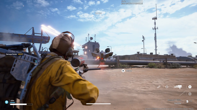 ARC Raiders gameplay screenshot showing a player in yellow gear shooting at a flying enemy drone near a futuristic desert outpost.
