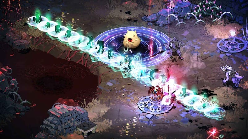 Hades II gameplay screenshot showing the protagonist battling multiple enemies in a mystical arena, with glowing magical barriers, spell effects, and a large golden creature at the center of the battlefield.