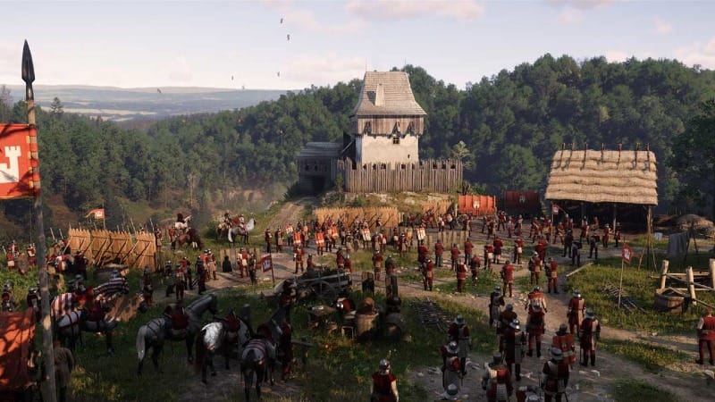 A medieval army assembled outside a wooden fortress in Kingdom Come: Deliverance II, with soldiers, horses, and banners preparing for battle.
