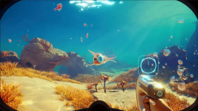 Subnautica 2 gameplay showing diver exploring ocean with scanner tool