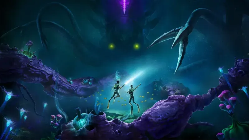 Subnautica 2 key art showing two divers exploring deep ocean while a giant sea creature with glowing eyes looms in the background