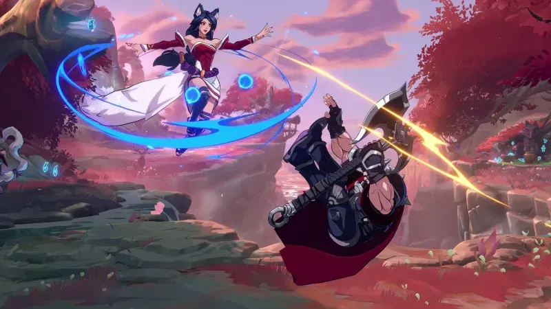 2XKO gameplay showing tag team combo between Yasuo and Ahri using the Fuse system.