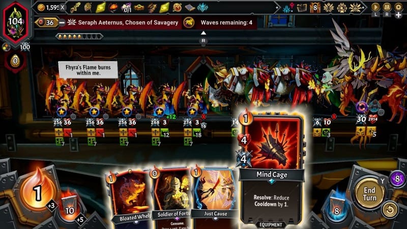 Gameplay screenshot from Monster Train 2 showing a battle scene with multiple monsters on different train levels and a player’s hand of cards at the bottom, including a highlighted “Mind Cage” card.