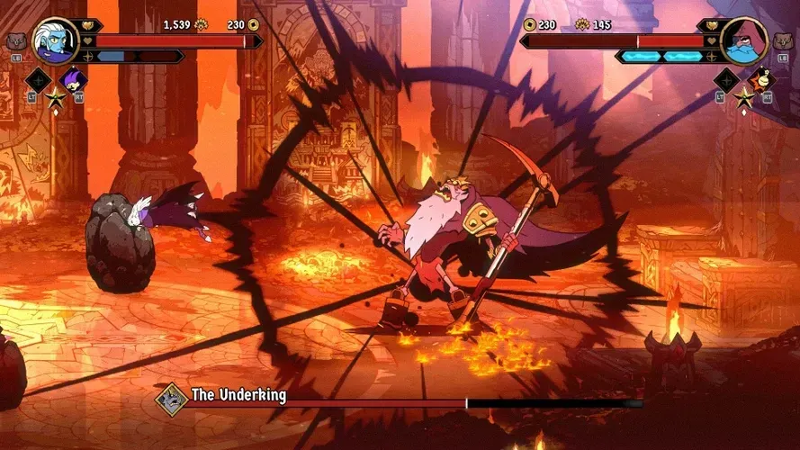 A battle scene from Absolum showing a boss fight against “The Underking,” a large figure with a white beard wielding a scythe, surrounded by fiery, molten terrain as the player character dodges an explosive dark energy attack.