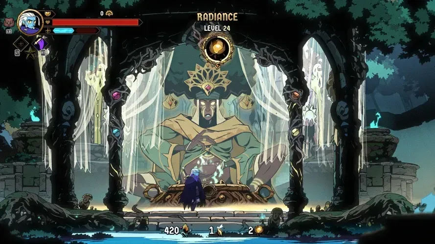 A player character in a dark fantasy setting stands before a large ornate statue of a crowned deity surrounded by glowing drapes and columns, with the on-screen display showing “Radiance Level 24” at the top.