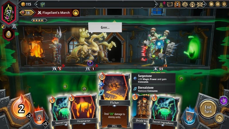 Gameplay screenshot from Monster Train 2 showing a battle between fantasy creatures inside a train car. The player’s hand of cards, including “Flicker” and “Secret Ingredient,” is visible at the bottom, with energy counters and interface elements around the screen.