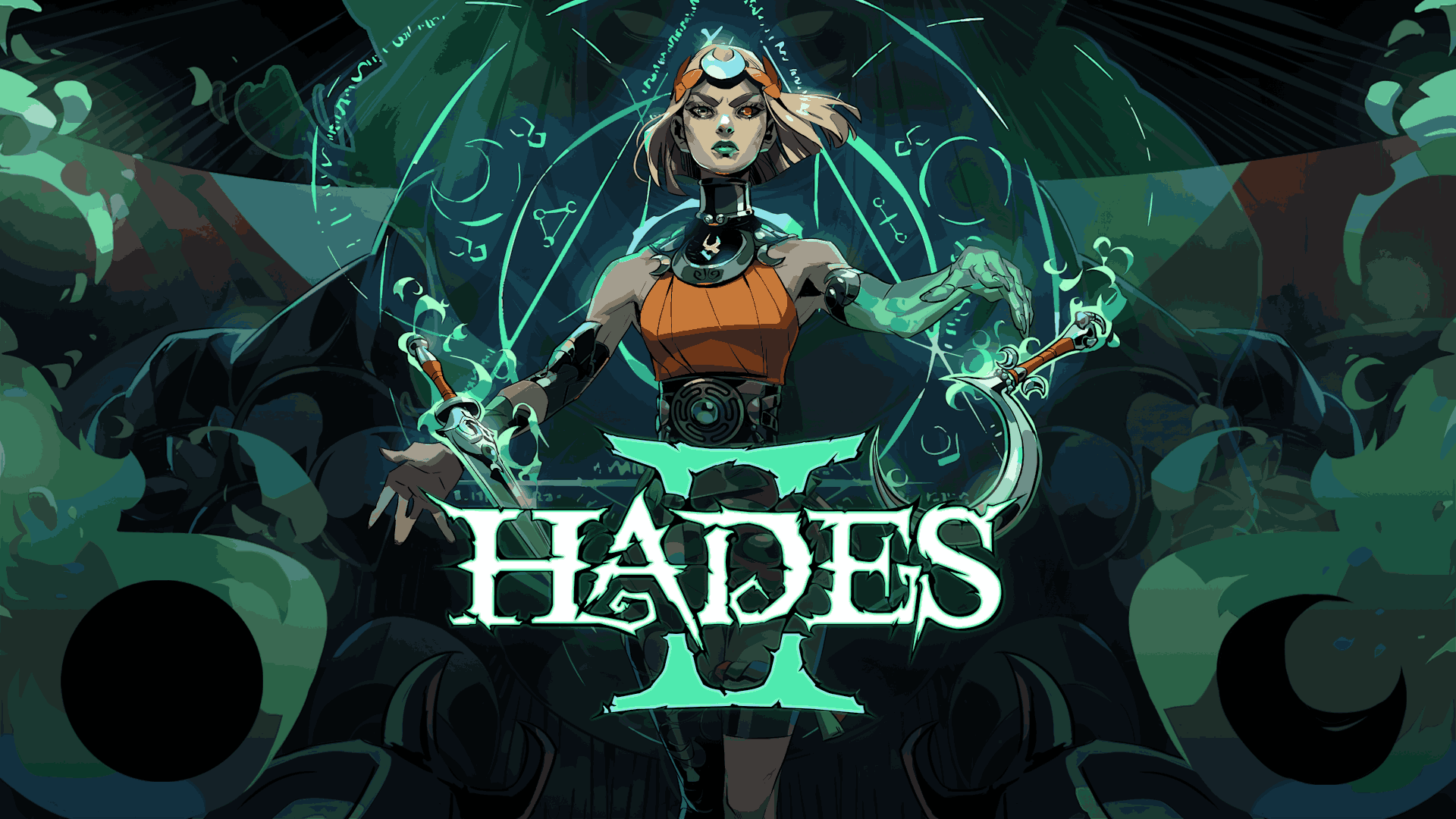 Hades II key art featuring the protagonist wielding twin weapons with glowing green energy, surrounded by mystical symbols and dark shadows, with the game’s title logo in the center.