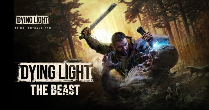Dying Light: The Beast artwork showing a survivor battling a zombie mutant in a dark forest with a machete and flashlight, highlighting the survival horror zombie game theme.