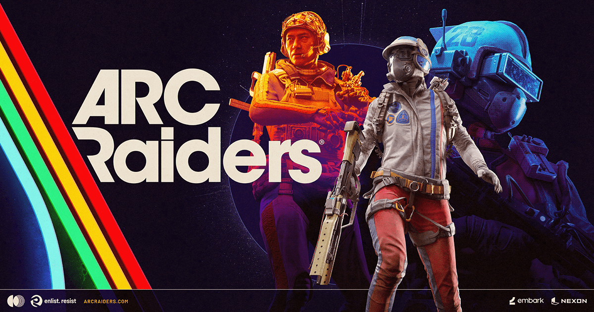 Key art from ARC Raiders video game showing three futuristic characters in combat gear with sci-fi aesthetics.