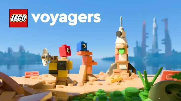 LEGO Voyagers characters built from colorful LEGO bricks standing on a sandy landscape with a rocket in the background.
