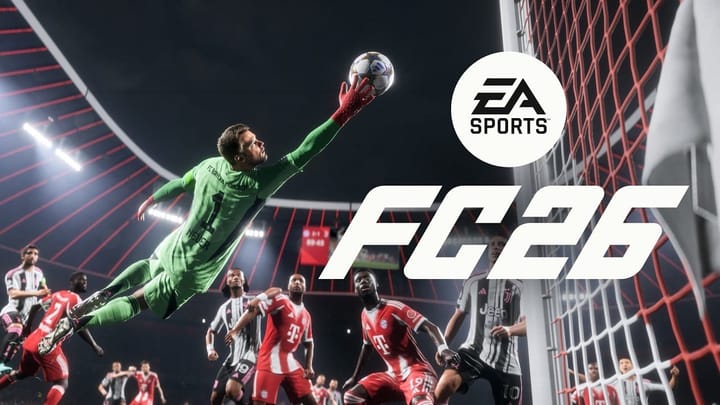 EA Sports FC 26 cover art featuring a dramatic in-game moment with Bayern Munich goalkeeper making a diving save against Juventus players in a stadium atmosphere.